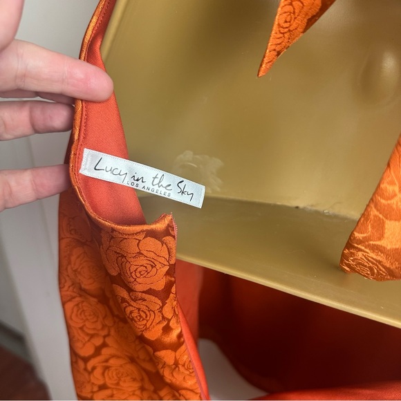 Lucy In The Sky Satin Rose Jacquard One Shoulder Knot Back Mini Dress in Rust M - Picture 11 of 16